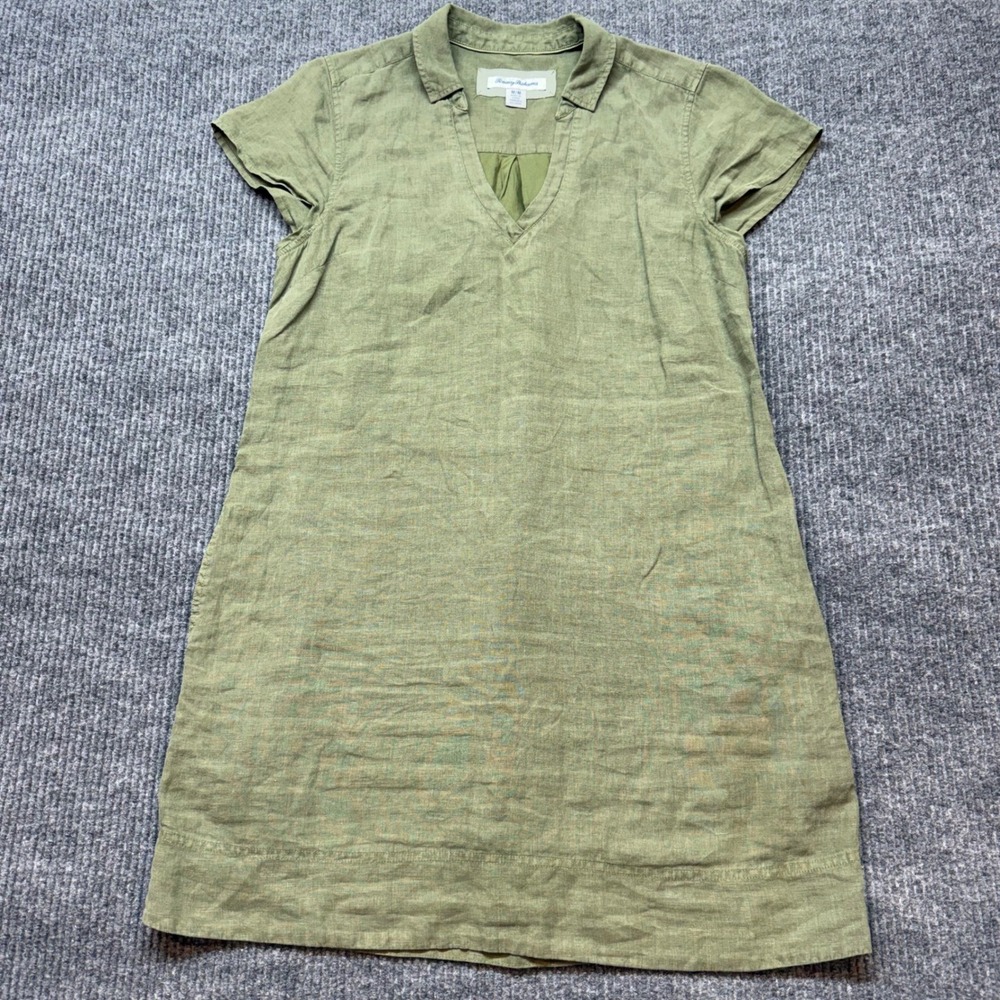 Tommy Bahama Green Linen Midi Shift Dress M Lined Collared Pockets Two Palms